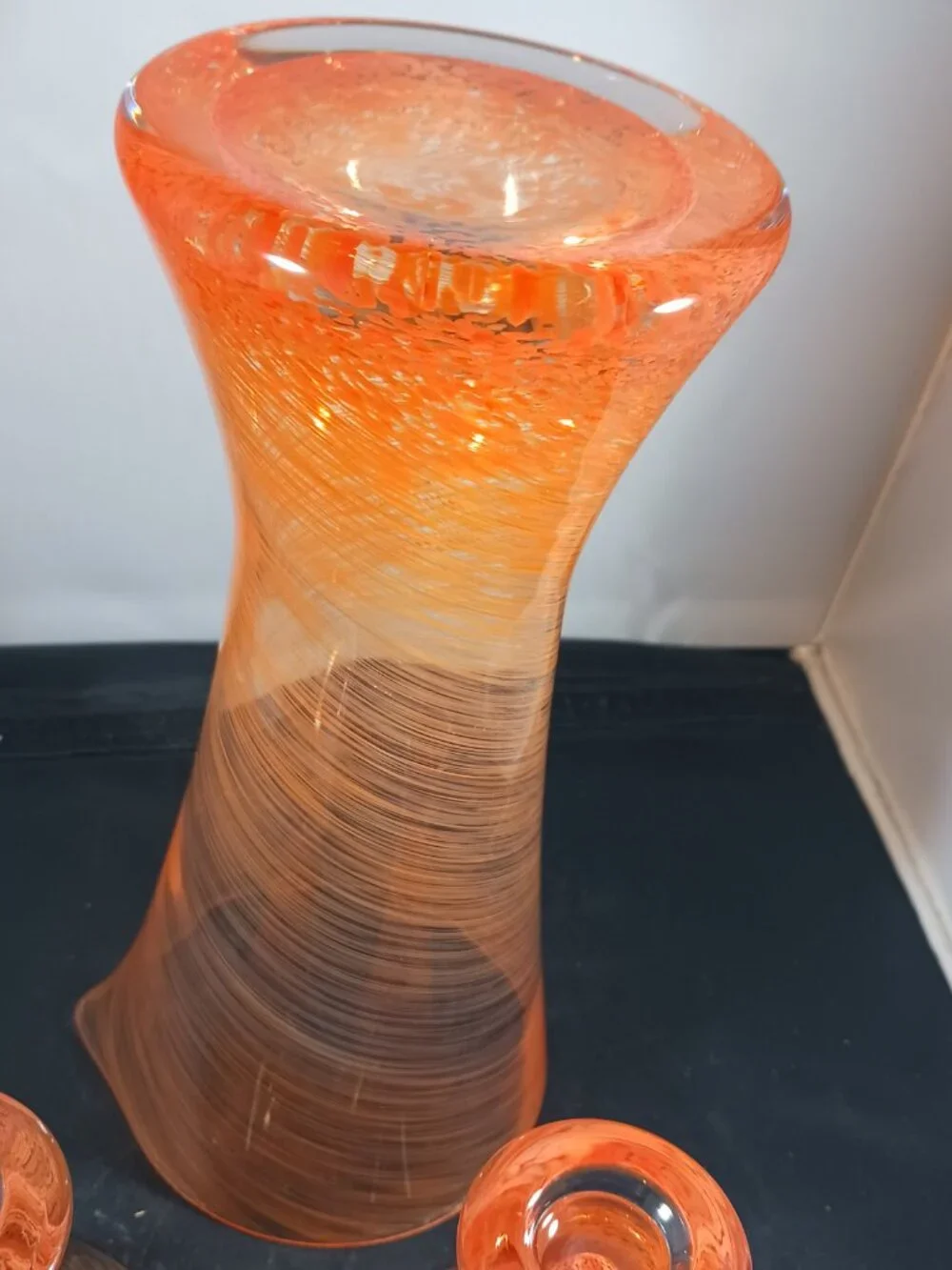 Dansk Orange Swirl MCM Style Pitcher/ Decanter & 2 Martini Cocktail Glasses